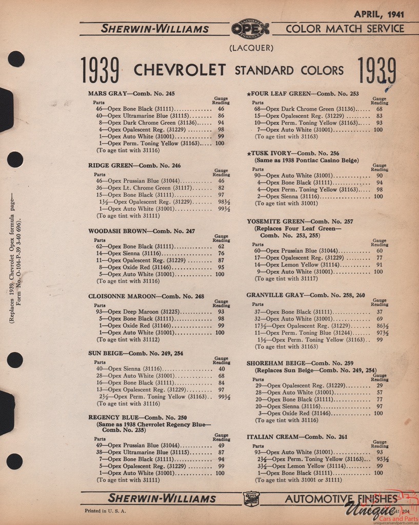 1939 Chev Paint Charts Williams 2